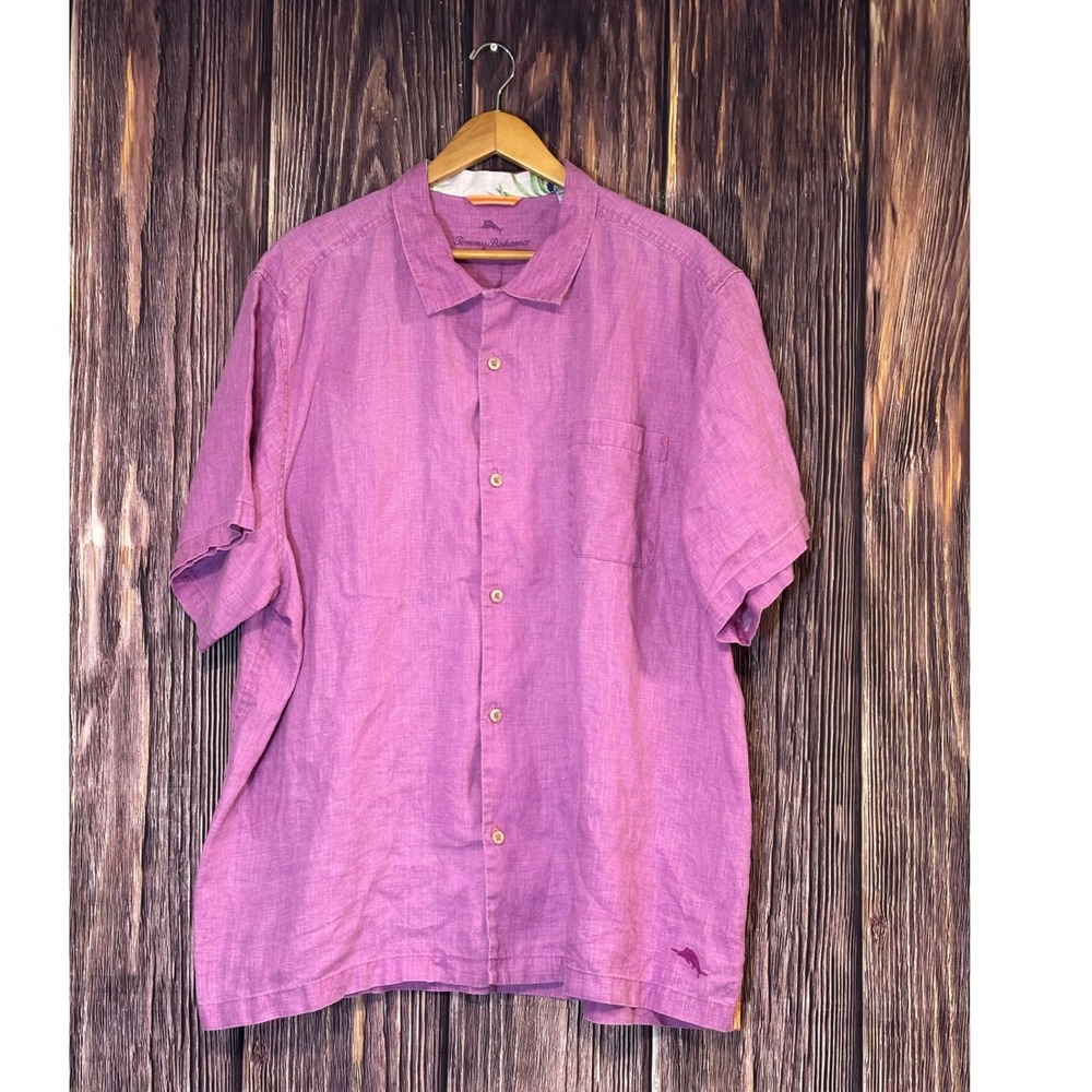Tommy Bahama Shirt Mens XXL Purple 100% Linen Short Sleeve Button Down Camp - Picture 2 of 16